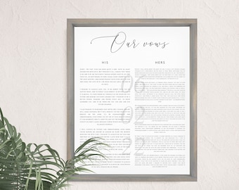 May include: A printable wedding vow template with the words "Our Vows" at the top. The vows are separated into "His" and "Hers" sections. The vows are written in a simple, elegant font.