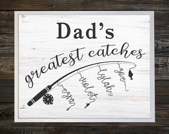 Custom Fishing Decor —  Father's Day Gift, Gone Fishing Wall Signs, Greatest Catch, Faux Printed Wood Pattern Background on canvas