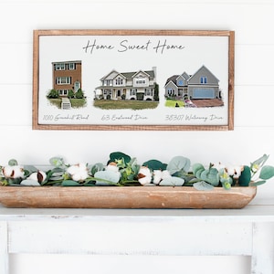 Our Homes Portrait, Oil Effect on Three Houses, framed or unframed canvas, Housewarming Gift, Realtor Gift, Mothers Day Gift