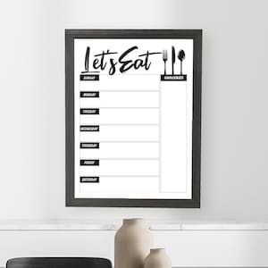 Weekly Meal Plan Whiteboard – Let&#39;s Eat Menu Board, FRAMED Customizable Vertical Dry-Erase Board, 24&quot; x 18&quot; Decorative Family Organizer