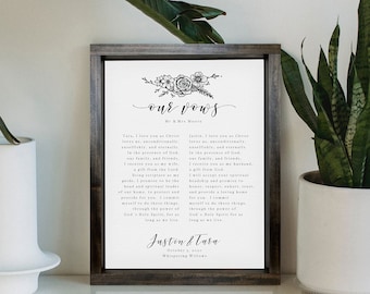 May include: A black and white printable wedding vow template with a floral design. The text reads "Our Vows" and includes the names Justin and Tara, the date October 3, 2020, and the location Whispering Willows.