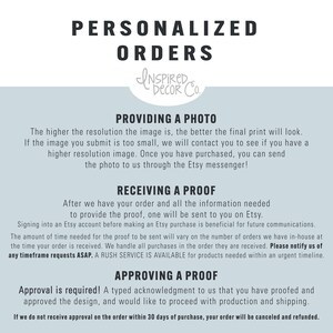 May include: A light blue and white graphic with the text "Personalized Orders" and "Inspired Decor Co."  The text "Providing a Photo", "Receiving a Proof", and "Approving a Proof" is also included with instructions on how to submit photos, receive proofs, and approve orders.