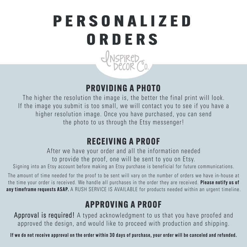 May include: A light blue and white graphic with the text "Personalized Orders" and "Inspired Decor Co."  The text "Providing a Photo", "Receiving a Proof", and "Approving a Proof" is also included with instructions on how to submit photos, receive proofs, and approve orders.