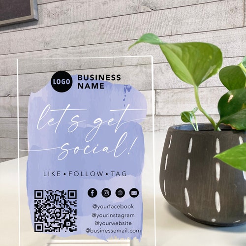 Let's Get Social — Custom QR Code Acrylic Social Media Display, Minimalistic Acrylic Plaque with Clear Custom Stand, In-store Contact Sign