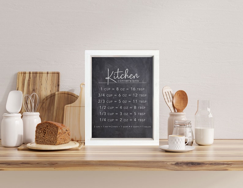 May include: A white framed chalkboard sign with the text "Kitchen conversions" and a list of measurements for different fractions of a cup in ounces and tablespoons. The sign is on a wooden countertop with a loaf of bread, a white pitcher, a glass jar, and a white cup and saucer.