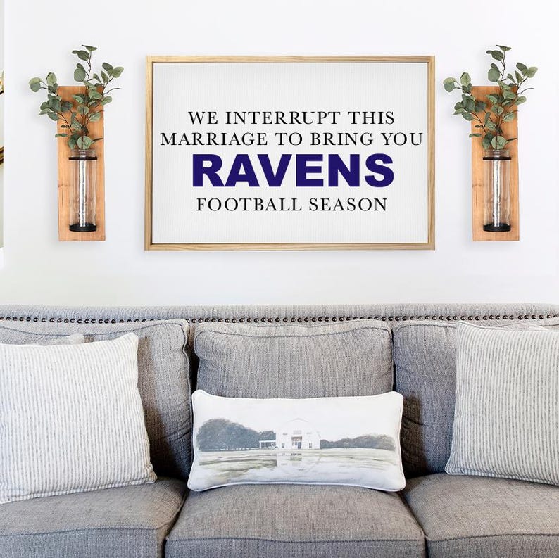 Baltimore Ravens Inspired Football Sign — Mancave Decor, Framed Canvas Print Wall Decor, Background Color & Stain Options Natural Pine