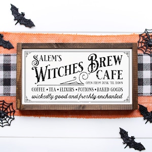 Salem's Witches Brew Cafe — Cute Witchy Decor, Framed Canvas Farmhouse Signs, Pagan & Witch Themed Decor, Halloween Signs, Goth Home Decor