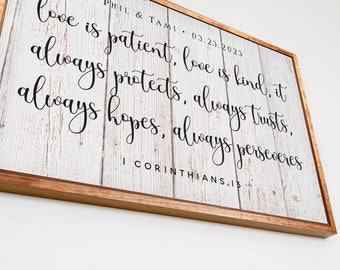 Wedding Bible Verse Customized on Framed Canvas Wall Decor, Background Color & Stain color variations available, 1 Corinthians 13:7
