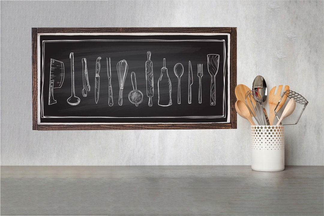 Horizontal Kitchen Wall Decor, Hand Drawn Chalk Utensils Faux