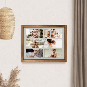 Op de afbeelding: Een houten fotocollage met het woord "DAD" uitgesneden, met meerdere familiefoto's. De foto's tonen een vader en kind in verschillende omgevingen, waaronder buiten en binnen. De lijst is bruin en de achtergrond is lichtgroen.