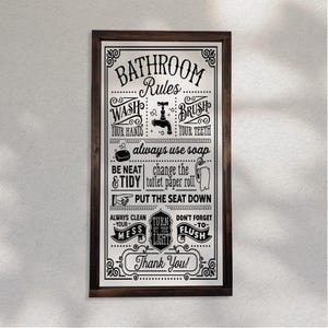 Bathroom Rules — Ornate Bathroom Signs, Vintage & Retro Bathroom Wall Decor, Cute Washroom Home Signs, Custom Framed Canvas Signs