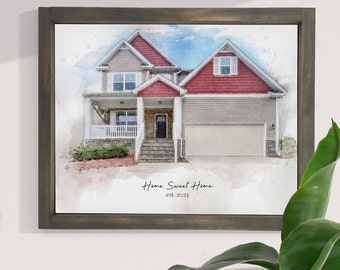 May include: Watercolor painting of a two-story house with a red roof and a white porch. The house has a garage and a front yard with green grass. The painting is framed in a dark wood frame and has the text "Home Sweet Home est. 2023" written below the house.