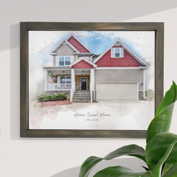 Personalized House Portrait Wall Art Canvas, Watercolor Effect on Canvas with Multiple Sizes & Frame Options