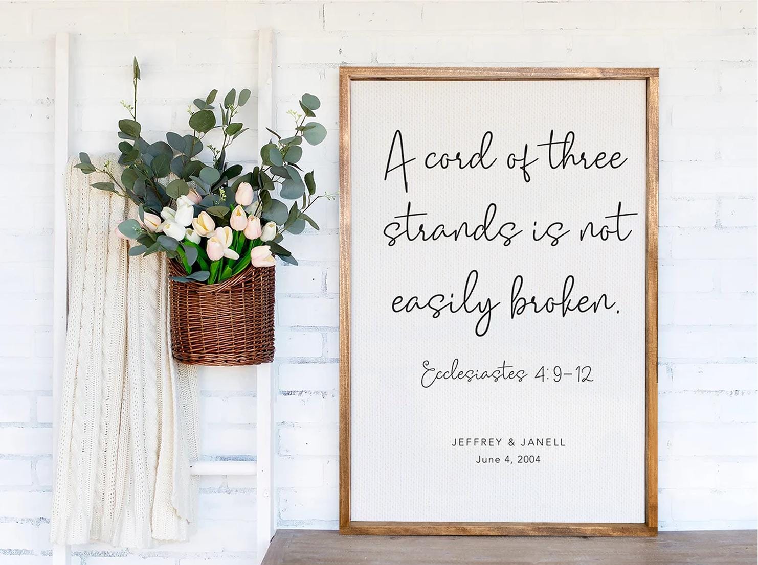 A Cord of Three Strands is Not Easily Broken, Ecclesiastes 4: 9-12 — Wedding Gift Bible Verse, Customized Framed Canvas Wedding Decor