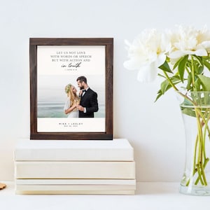 Wedding Photo with Custom Bible Verse Wood Framed Canvas Wall Decor, Background Color & Stain Options, Bedroom Decor