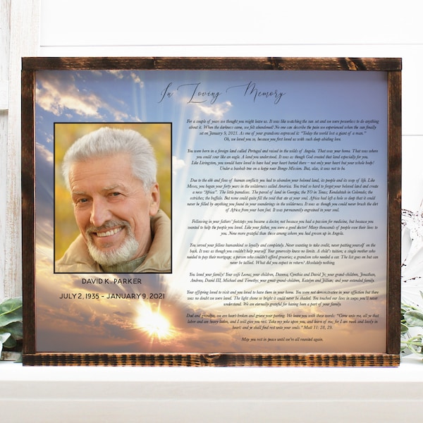 Obituary Canvas Print, Arrives Framed and Ready to Display, Memorial Wall Art, Funeral Display, Personalized Canvas, Custom backgrounds