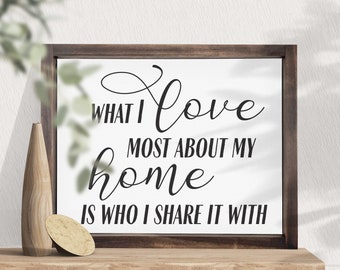 What I Love Most About My Home Is Who I Share It With — Family Living Signs, Farmhouse Wall Decor, Custom Canvas Home Decor