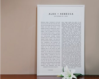 May include: A black and white wedding vow print with a white background and black text. The text includes the names Alex and Rebecca and the date September 25, 2020. The vows are written in a typewriter font and express love and commitment.