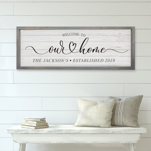 Welcome to Our Home — Farmhouse Wall Decor, Custom Framed Canvas Signs, Rustic Farmhouse Decor, Custom Name & Date