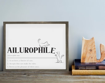 Ailurophile Definition — Funny Cat Owner Signs, Cat Lover Decor, Kitten Signs, Framed Canvas Farmhouse Decor, Dorm & Bedroom Signs