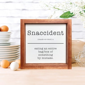 Snaccident Definition — Framed Canvas Wall Decor, Background Color & Stain Options, Wood Framed Canvas, Funny Kitchen Signs