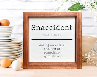 Snaccident Definition — Framed Canvas Wall Decor, Background Color & Stain Options, Wood Framed Canvas, Funny Kitchen Signs