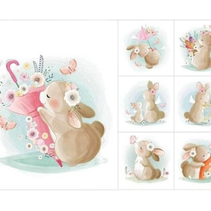 Cute bunnies quilting fabric panel set. Watercolor Quilting Panel, Cotton Baby Panel, Blanket Panel, kid's Bedding Panel