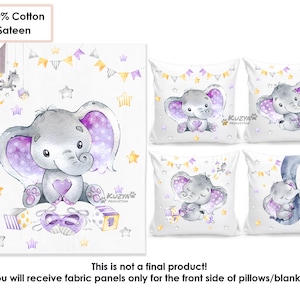 Cute Elephant Fabric Panels for Quilting and Sewing - Baby Blanket Panel + 4 Pillow Panels, 100% Cotton Sateen