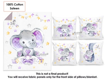 Cute Elephant Fabric Panels for Quilting and Sewing - Baby Blanket Panel + 4 Pillow Panels, 100% Cotton Sateen