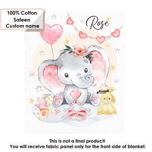 Custom name baby girl cotton fabric panel Cute Pink Elephant, Baby Girl Panel For Quilting, Baby Blanket Elephant Print, Quilt craft