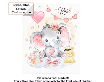 Custom name baby girl cotton fabric panel Cute Pink Elephant, Baby Girl Panel For Quilting, Baby Blanket Elephant Print, Quilt craft