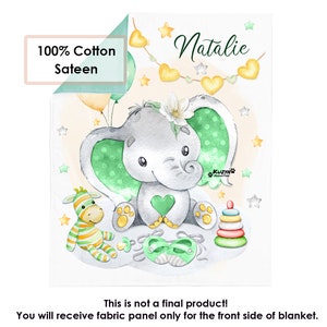 Custom name baby girl cotton fabric panel Cute green elephant. Blanket quilt panel. Blanket Panel for Quilting. Baby panel for quilt Sateen