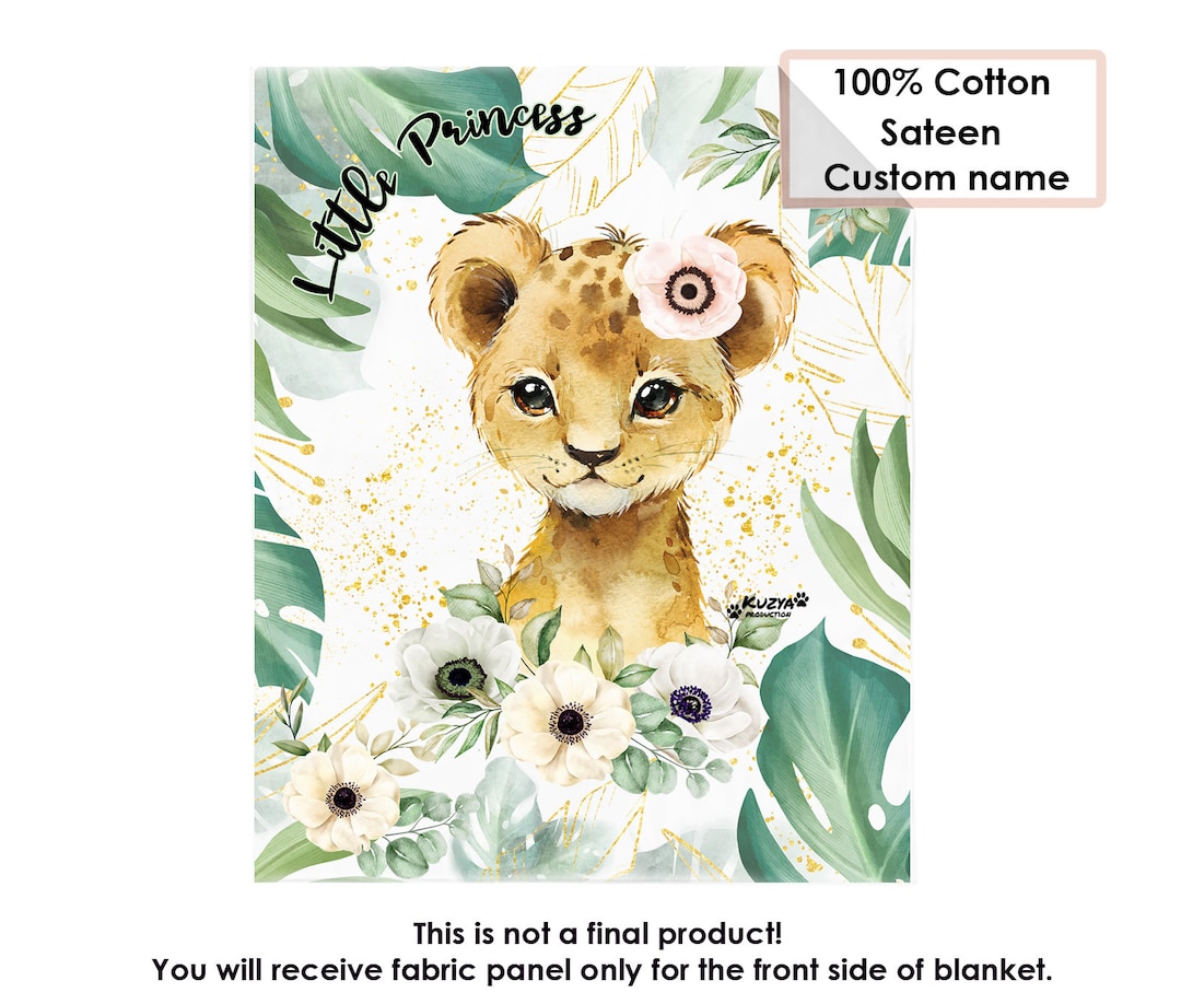 Personalized Baby Girl Cotton Fabric Panel Cute Lioness. Blanket Quilt