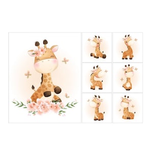 Cute little giraffes quilting fabric panel set. Watercolor Quilting Panel, Cotton Baby Panel, Blanket Panel, kid's Bedding Panel