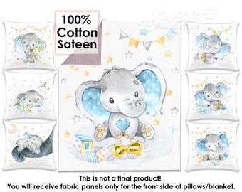 Blue Elephant Fabric Panels Set, Cotton Quilt Panels, Crib Bedding