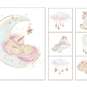 Cute unicorn on the moon quilting fabric panel set. Watercolor Quilting Panel, Cotton Baby Panel, Kid&#39;s Bedding Panel