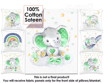 Green Elephant Fabric Panel Set for Baby Blanket and Pillows – Cute Nursery Decor