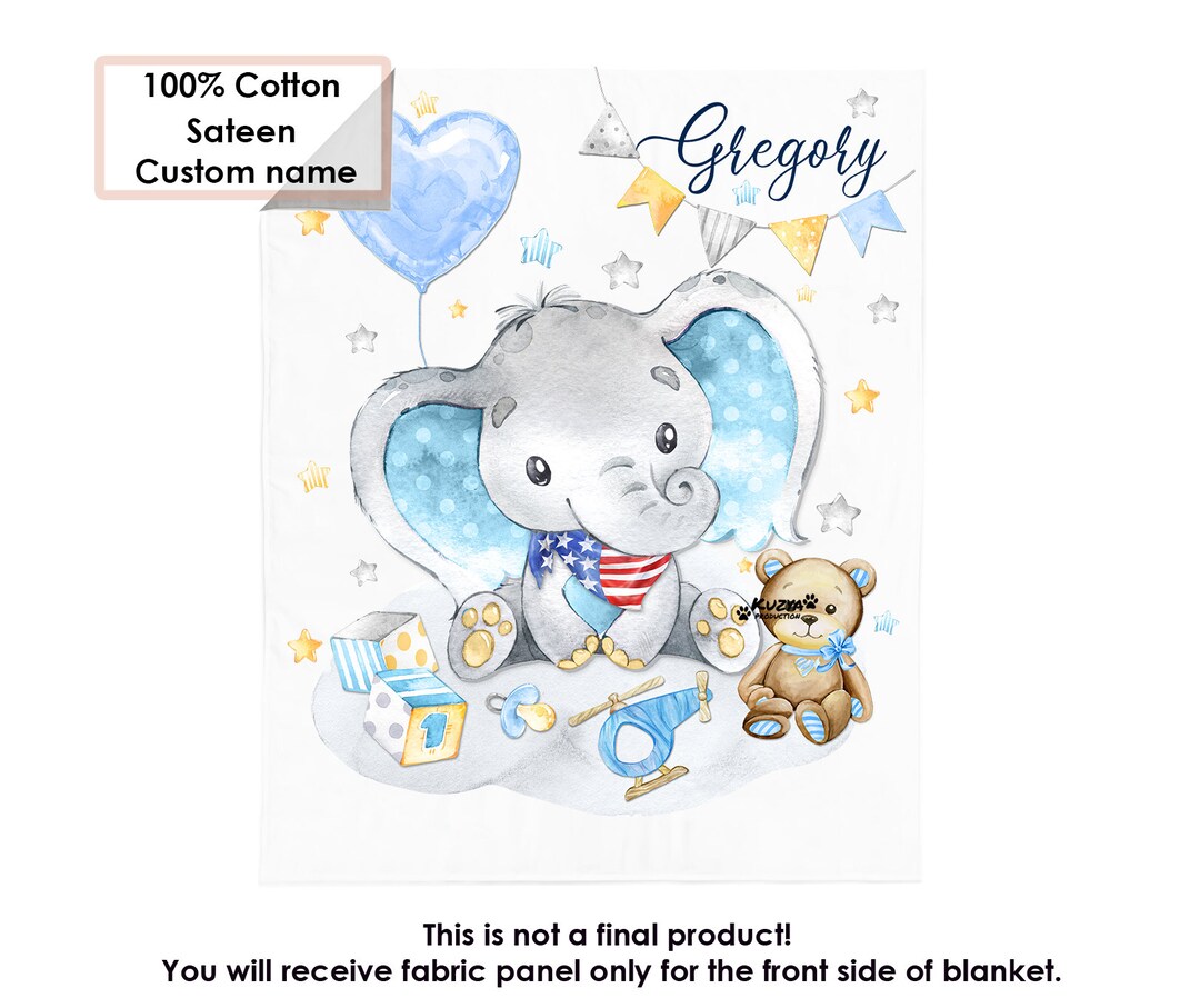 Custom Name Baby Boy Cotton Fabric Panel Cute Blue Elephant. Baby Boy