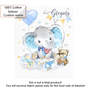 Custom name baby boy cotton fabric panel Cute blue elephant. Baby boy Panels For Quilting. Blanket Quilt Panel. Baby Blanket Elephant Print