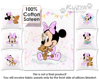 Fabric panels for quilting Light Lilac Baby Minnie Mouse. Quilt panels for babies. Baby quilt panel for girl. Cotton 100% fabric panel