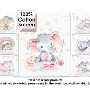 Quilting Fabric Panel Set - Cute Pink Elephant Baby Blanket and Pillow Panels for Nursery Bedding