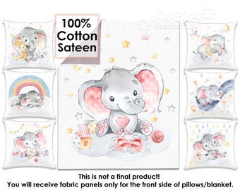 Quilting Fabric Panel Set - Cute Pink Elephant Baby Blanket and Pillow Panels for Nursery Bedding