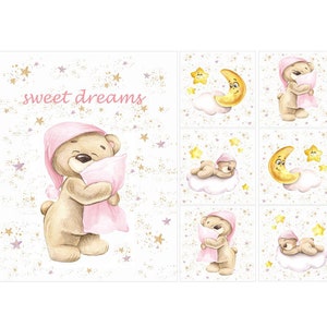 Quilting fabric panel set Baby bear. Watercolor Quilting Panel, Sateen Baby Panel, Kid&#39;s Bedding Panel