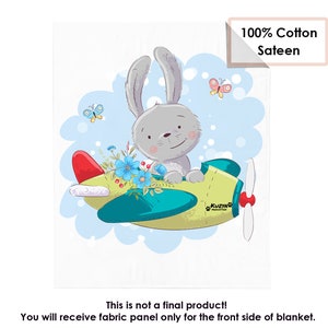 Baby cotton fabric panel for blanket cute bunny on a plane. Quilting Panel. Sewing. Craft. Cotton Baby Panel. Blanket Panel. Bedding Panels