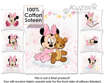 Fabric panels for quilting Pink Baby Minnie Mouse. Quilt panels for babies. Baby quilt panel for girl. Fabric panel for baby quilt. Sateen