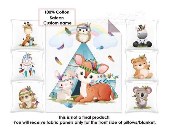 Cute Boho Animal Fabric Panel Set. Quilt Panels. Fabric Panel for Quilt.  Cotton Baby Quilt Panel. Kid's Bedding Panels. Cotton Sateen 