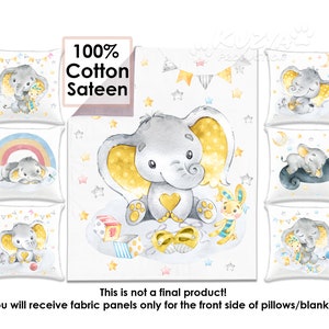 Yellow Elephant Fabric Panels for Quilting and Sewing | Baby Crib Blanket Panel + 6 Pillow Panels, 100% Cotton Sateen