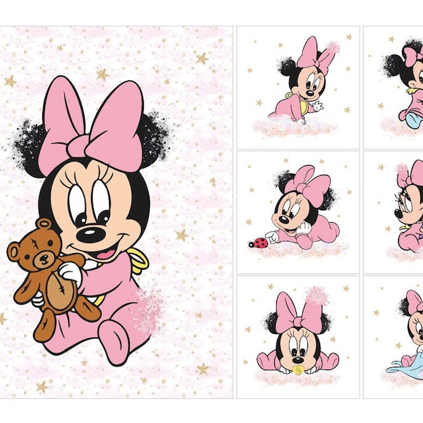 Quilting fabric panel set Pink Minnie Mouse. Baby sewing fabric panels. Cotton Baby Panel, Kid's Bedding Panel