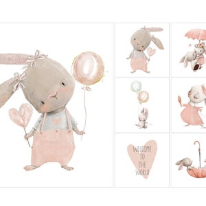 Quilting fabric panel set Сute bunnies. Baby sewing fabric panels. Cotton Baby Panel. Kid&#39;s Bedding Panel