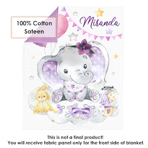 Personalized Baby Girl Fabric Panel, Purple Elephant, Panel For Quilting